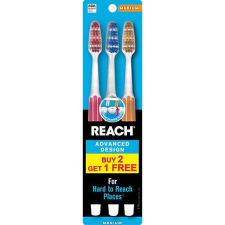 Reach Advanced Design Toothbrush, Medium, Adult, 3 Count