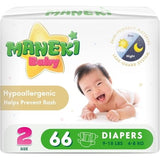 Maneki Baby Disposable Diapers, Size 2 (9-18 Lbs), Hypoallergenic, 66 Ct