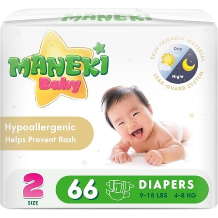 Maneki Baby Disposable Diapers, Size 2 (9-18 Lbs), Hypoallergenic, 66 Ct