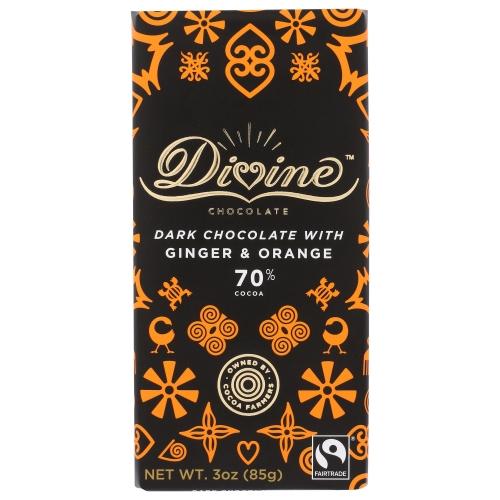 Divine Chocolate 70% Dark Chocolate Bar with Ginger & Orange, 3 Oz