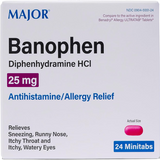 Major Banofen Diphenhydramine HCl Antihistamine 25 mg, 24 Tablets