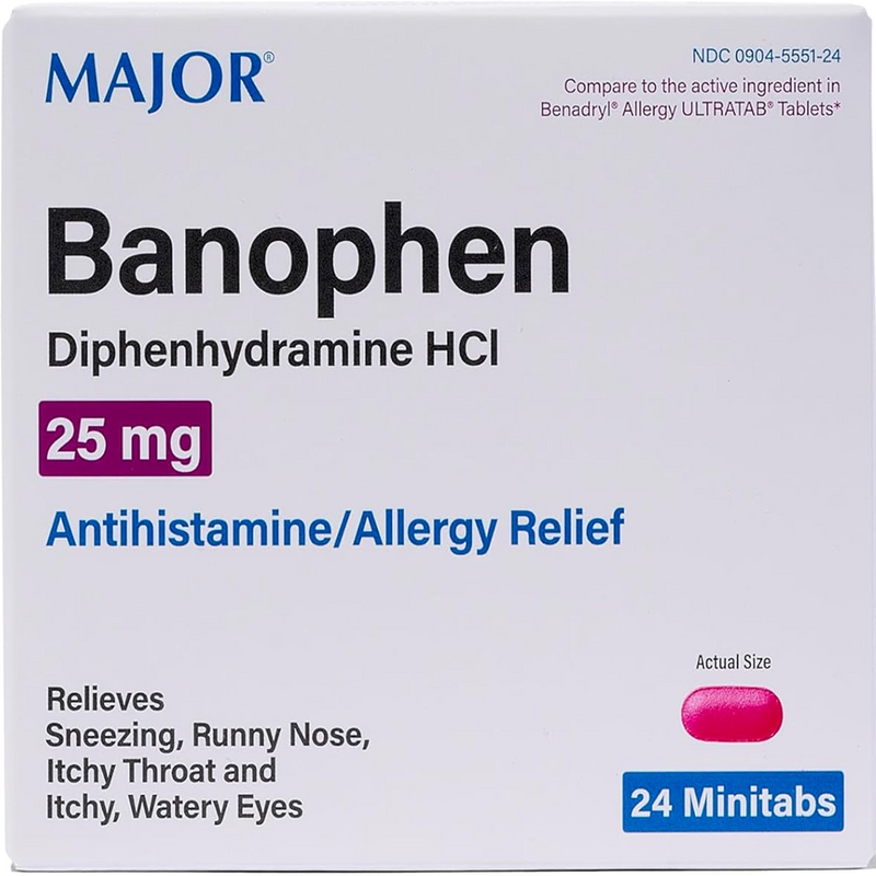 Major Banofen Diphenhydramine HCl Antihistamine 25 mg, 24 Tablets