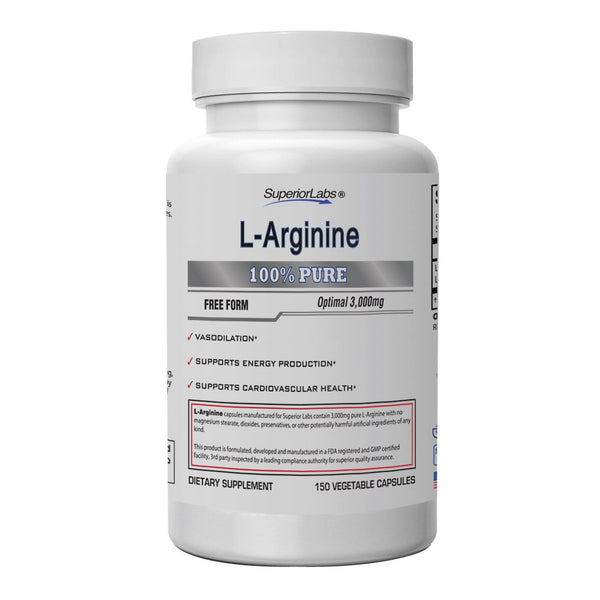 Superior Labs Pure L-Arginine Free Form Optimal 3000mg Dosage 150 Vegetable Capsules