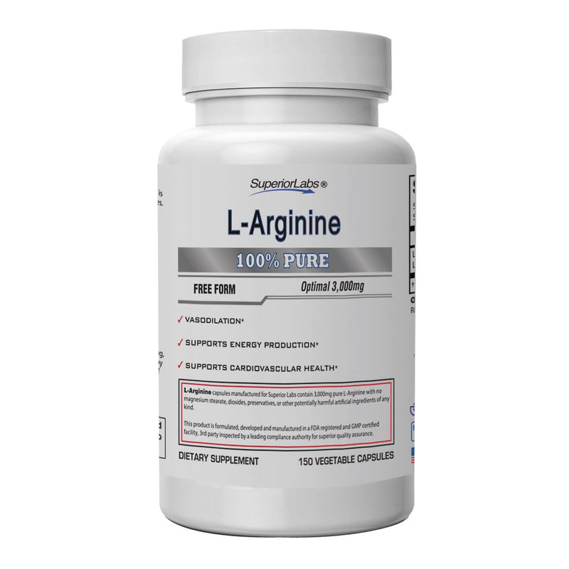 Superior Labs Pure L-Arginine Free Form Optimal 3000mg Dosage 150 Vegetable Capsules