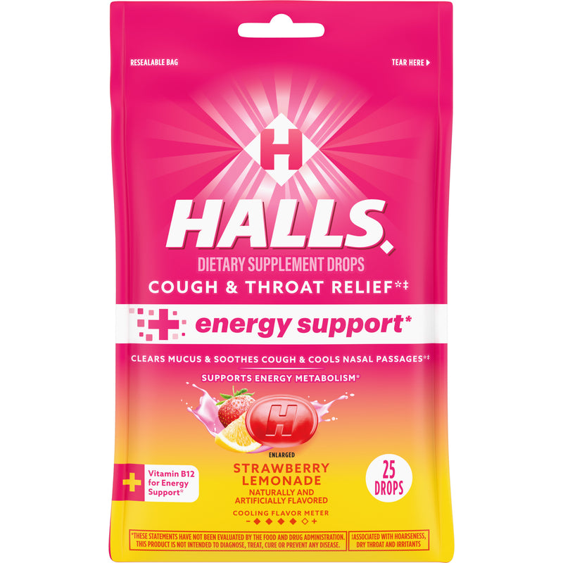 Halls Cough & Throat Relief + Energy Support, Strawberry Lemonade, 25 CT