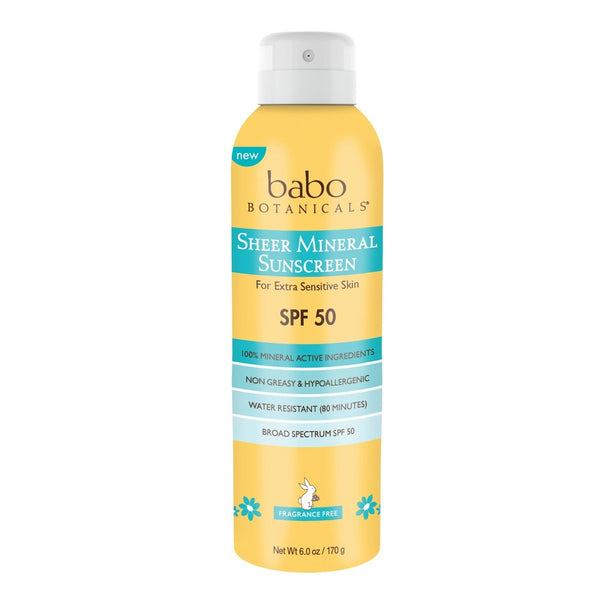 Babo Botanicals Sheer Mineral Sensitive Sunscreen Spray SPF 50, 6 fl oz