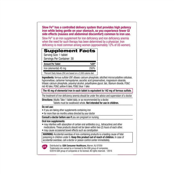 Slow Fe Iron Supplement Tablets 45mg 30ct