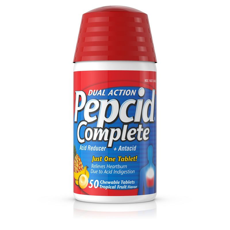 Pepcid Complete Acid Reducer + Antacid Chewable Tablets, Tropical Fruit, 50 ct