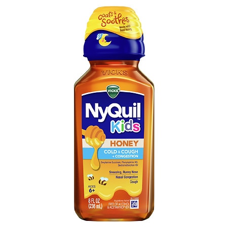 Vicks NyQuil Kids Cold and Cough + Congestion  Relief Made with Real Honey for Kids 6+, 8 OZ
