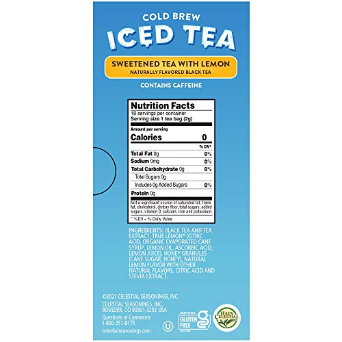 Celestial Seasonings, Cold Brew Iced Tea, Sweetened Tea with Lemon, 18 Tea Bags, 1.3 Oz (37 G)