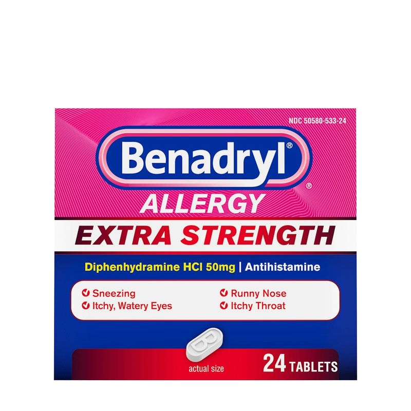 Benadryl Extra Strength Allergy Relief Diphenhydramine HCl 50 mg Tablets, 24 Ct