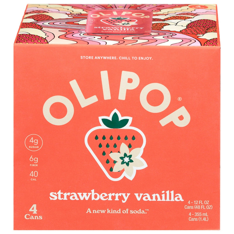 Olipop Strawberry Vanilla Prebiotic Soda, 12 Fl Oz, 4 Pack