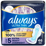 Always Ultra Thin Overnight Pads with Wings, Extra Heavy Absorbency, Unscented, Size 5, 46 Ct