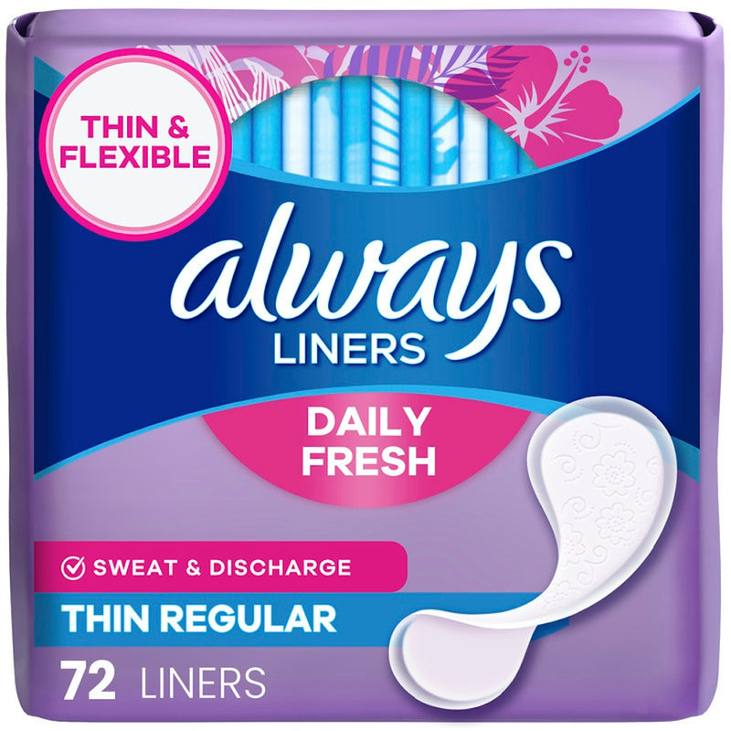 Always Discreet Thin Panty Liners, Unscented, Regular, 72 Ct