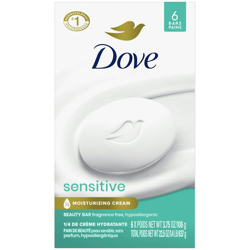 Dove Sensitive Skin Beauty Bar Soap, Fragrance Free, 3.75 oz, 6 Bars