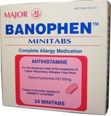 Major Banofen Diphenhydramine HCl Antihistamine 25 mg, 24 Tablets