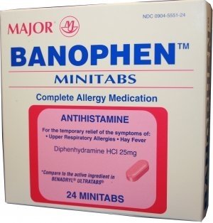 Major Banofen Diphenhydramine HCl Antihistamine 25 mg, 24 Tablets