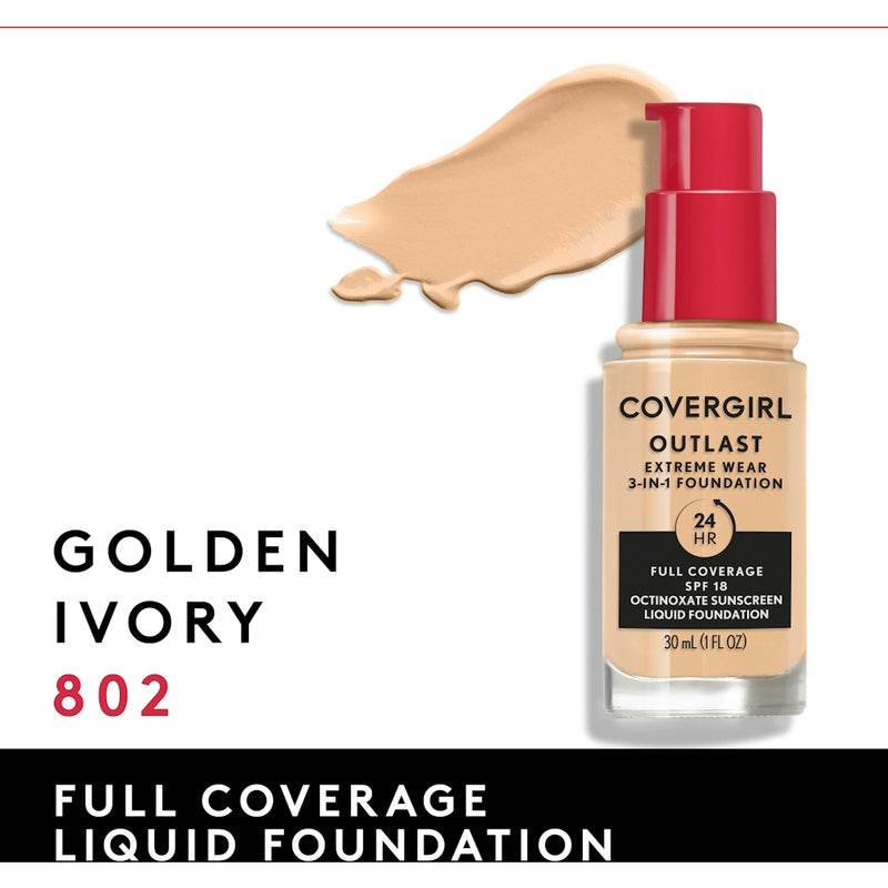 CoverGirl Outlast Extreme Wear Foundation SPF 18, 802 Golden Ivory, 1 oz