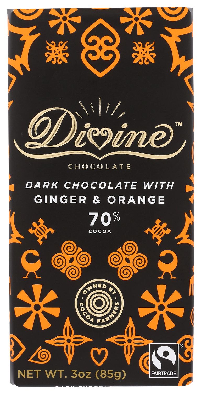 Divine Chocolate 70% Dark Chocolate Bar with Ginger & Orange, 3 Oz