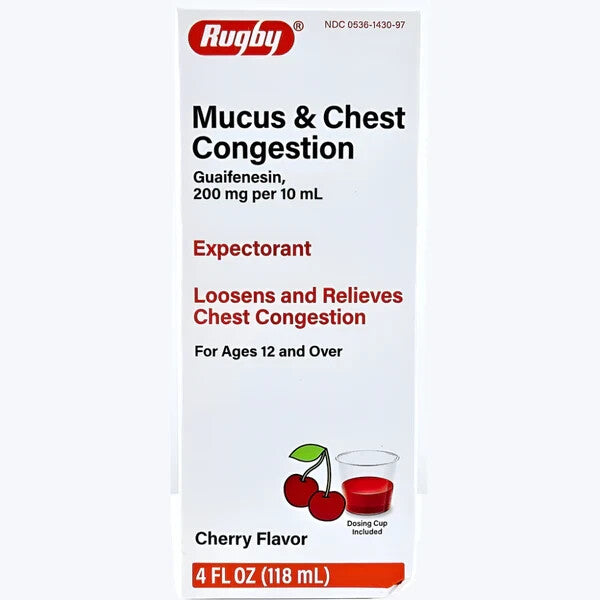 Rugby Mucus & Chest Congestion Relief Guaifenesin 200 mg Liquid, Cherry, 4 Fl Oz