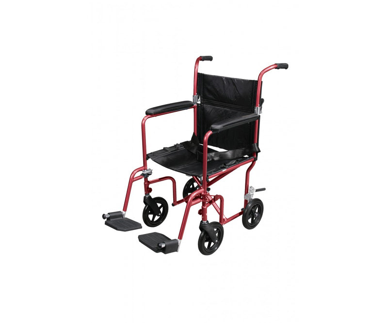 Fly-Weight Aluminum Transport Chair with Removable Casters, Red Frame and Black Upholstery