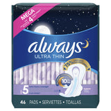 Always Ultra Thin Overnight Pads with Wings, Extra Heavy Absorbency, Unscented, Size 5, 46 Ct