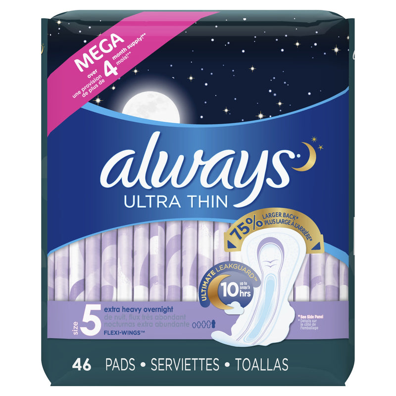 Always Ultra Thin Overnight Pads with Wings, Extra Heavy Absorbency, Unscented, Size 5, 46 Ct