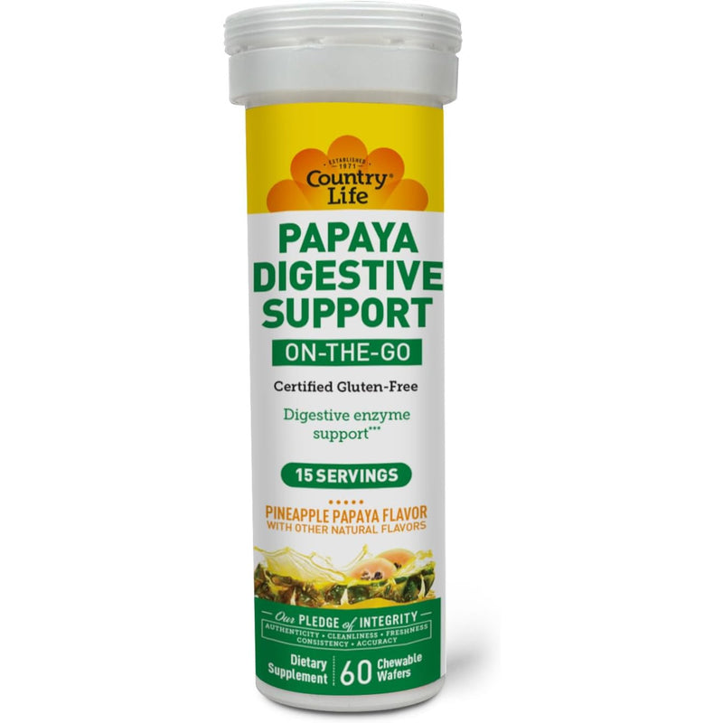 Country Life Papaya Digestive Support on-the-Go Pineapple Papaya 60 Chewable Wafers