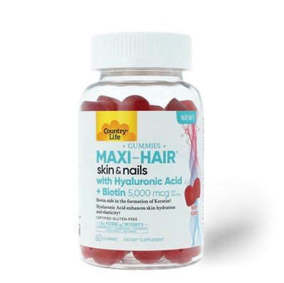 Country Life, Maxi-Hair® Skin & Nails Gummies with Hyaluronic Acid + Biotin, Berry, 60 Gummies