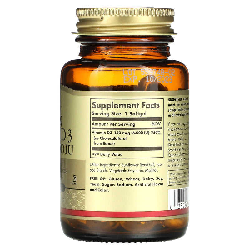 Solgar Vegan Vitamin D3 150mcg 6000Iu Softgels 100ct