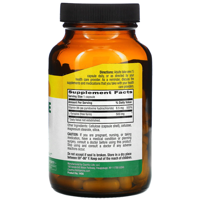 Country Life L-Tyrosine 500mg Cápsulas de vegetales 100ct