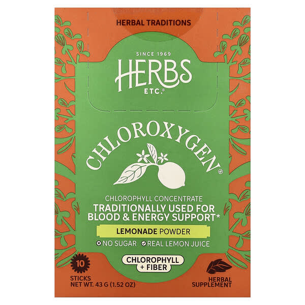 Herbs Etc. ChlorOxygen Chlorophyll Fiber Powder, Lemonade, 10 Sticks