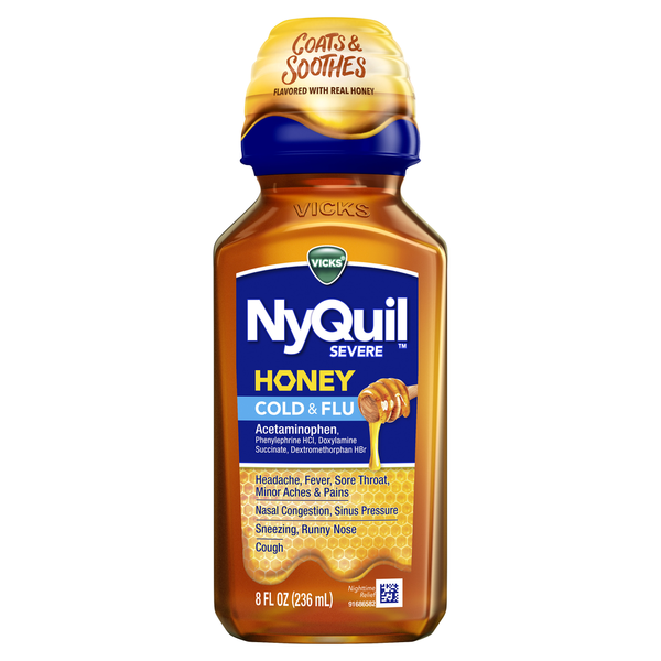 Vicks NyQuil Severe Honey Cold & Flu Liquid, 33.8 fl oz, Pack of 2