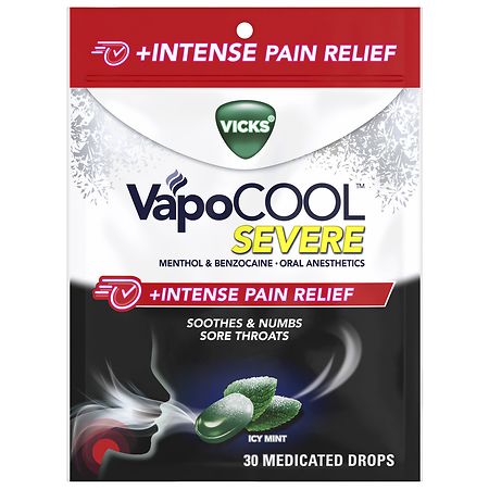 Vicks VapoCool Severe Intense Pain Relief Max Strength Drops Icy Mint 30 ea