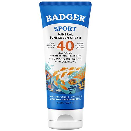 Badger Sport Mineral Sunscreen Cream SPF 40  2.9 fl oz