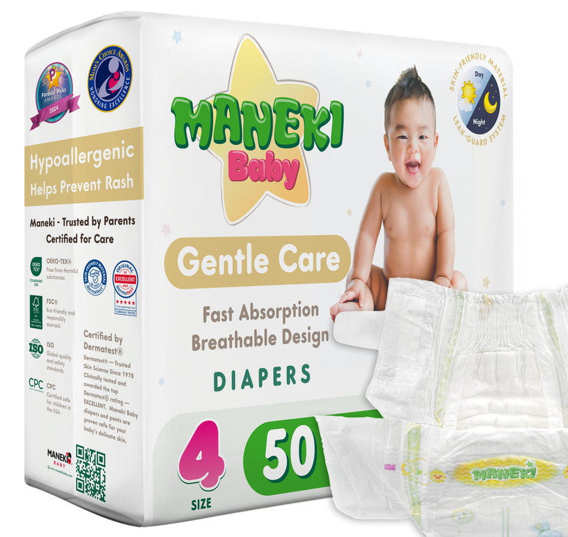 Maneki Baby Diapers, Size 4, Leak Protection, 50 Ct