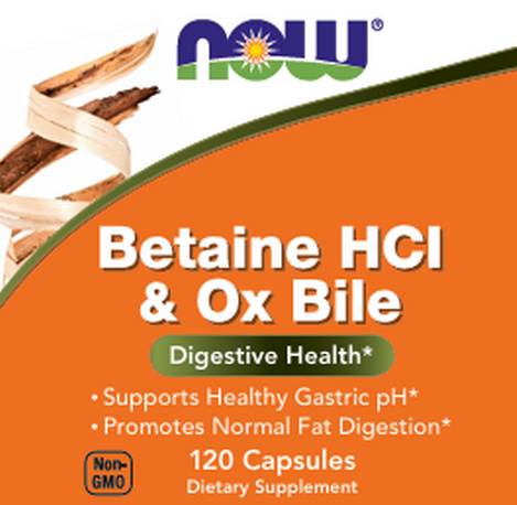 NOW Foods Betaine HCl & Ox Bile Capsules, 120 Count