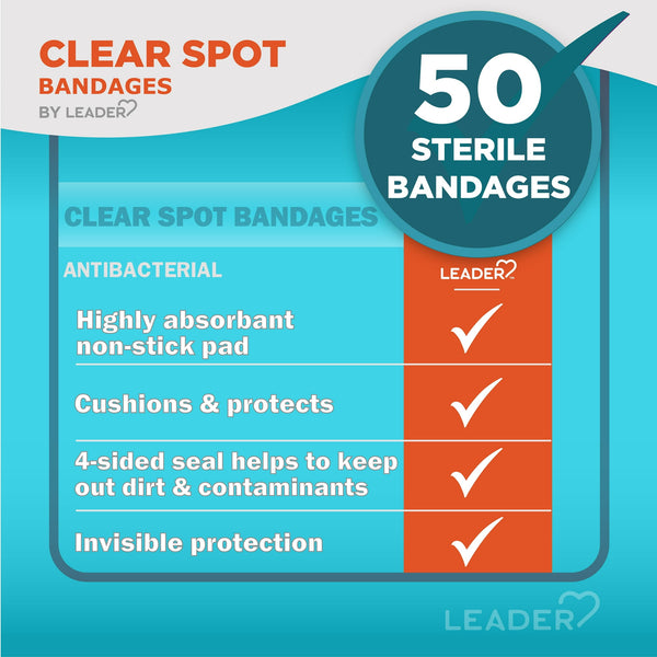 Leader Antibacterial Clear Spot Bandages 50ct