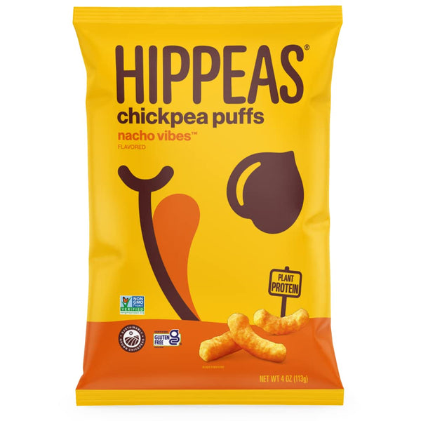 Hojaldres de garbanzos de hippesas, vibraciones de nacho, 4 onzas, proteína 4 g, fibra 3g, vegano, sin gluten, crujiente, bocadillos de proteínas vegetales