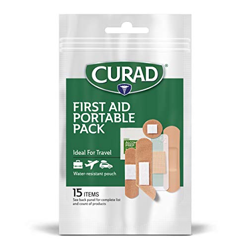 Curad First Aid Portable Pack  Ideal for Travel  Water Resistant Pouch  15 Count