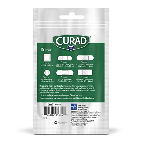 Curad First Aid Portable Pack  Ideal for Travel  Water Resistant Pouch  15 Count