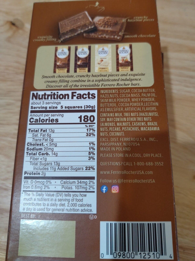 Ferrero Rocher Milk Chocolate Hazelnut Candy Bar, 3.1 oz