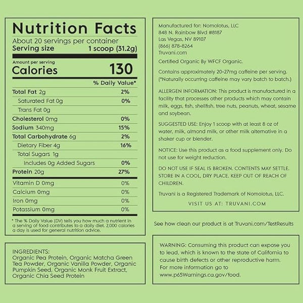 Truvani Plant Based Protein Matcha 22Oz