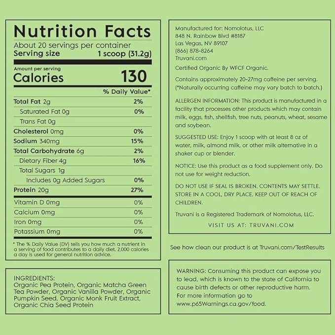 Proteína a base de planta Truvani matcha 22oz