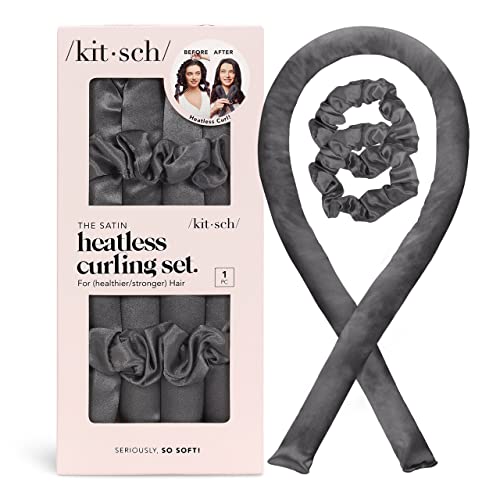 Kitsch Satin Heatless Curling Set Roller & 2 Scrunchies Charcoal