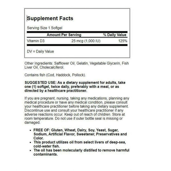 Solgar Vitamin D3 (CHOLECALCIFEROL) 25MCG (1000IU)  Softgels 100ct