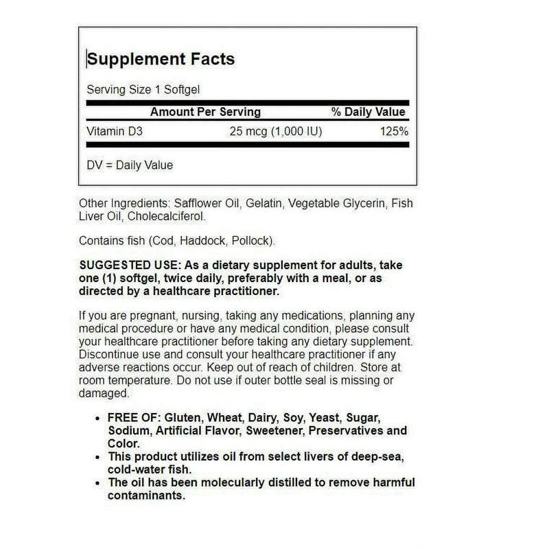 Solgar Vitamin D3 (CHOLECALCIFEROL) 25MCG (1000IU)  Softgels 100ct