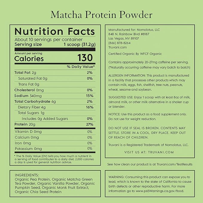 Proteína a base de planta Truvani matcha 11oz