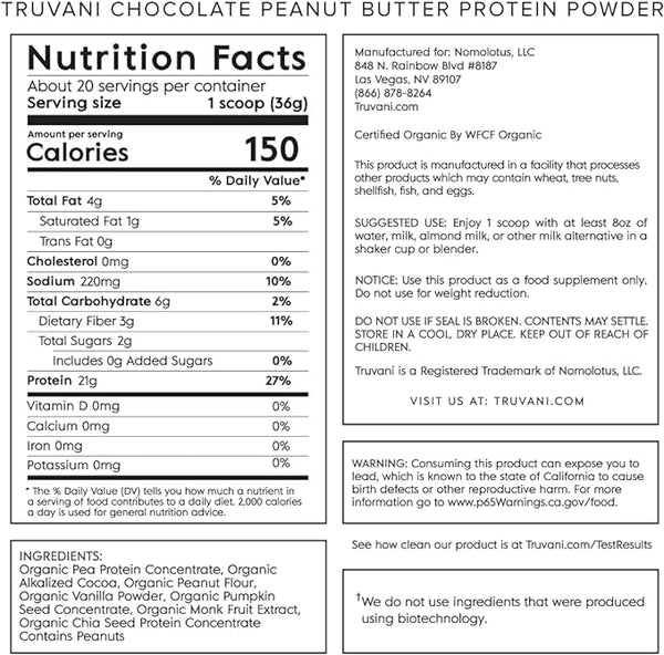 Truvani Plant Based Protein Chocolate Peanut Butter 25.75Oz