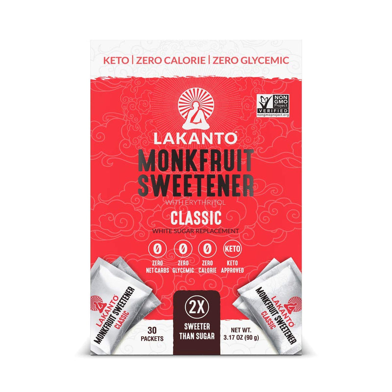 Lakanto Classic Monk Fruit Sweetener Packets - White Sugar Replacement, Zero Net Carbs, Zero Glycemic, Zero Calorie, 30 packets